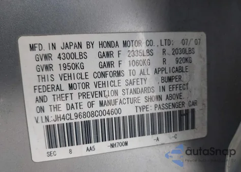 2008 Acura Tsx z USA, uszkodzony, nr VIN JH4CL96808C004600